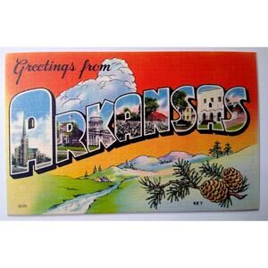 Greetings From Arkansas Large Big Letter Linen Postcard Mountains Trees Pinecone
